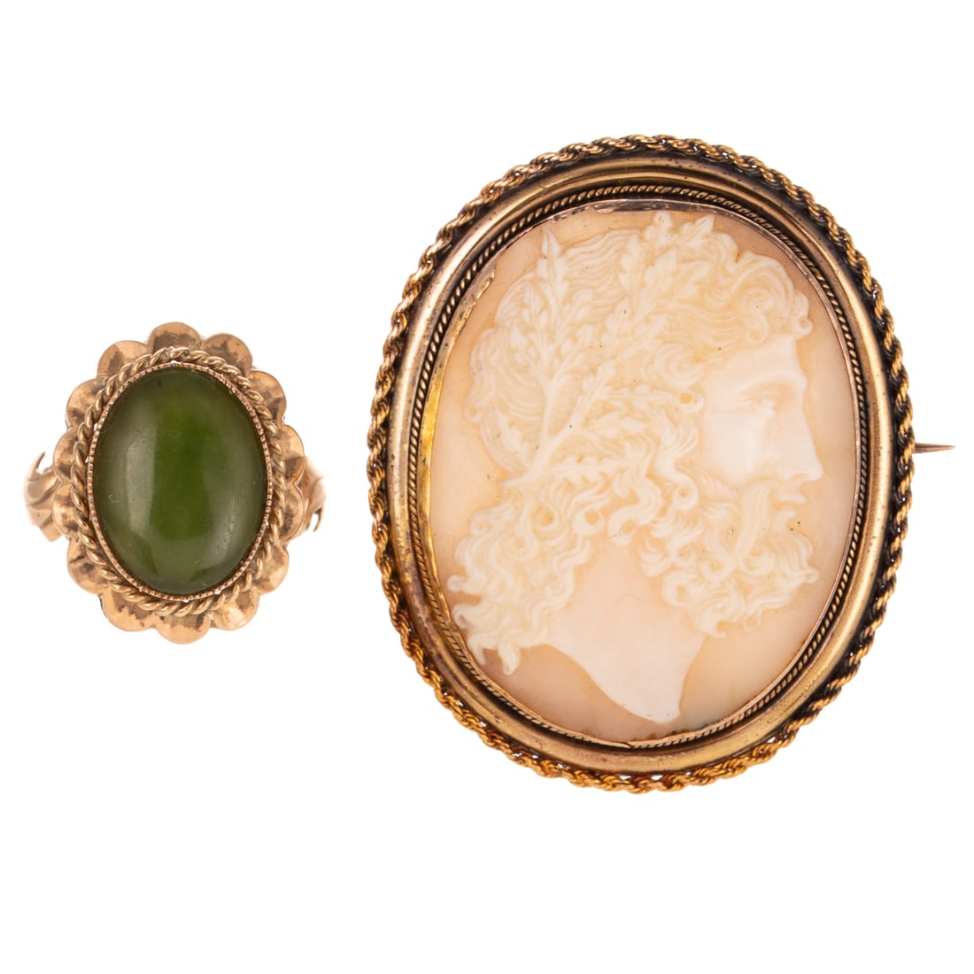 A Cameo Brooch in 15K & Hardstone Ring in 14K: 1) 15K yellow gold cameo brooch of a classical man in profile wearing a crown of leaves, right facing, extended C-clasp, safety chain and pin, signed, 1 7/8 in. L, and 2) 14K yellow gold ring with a c