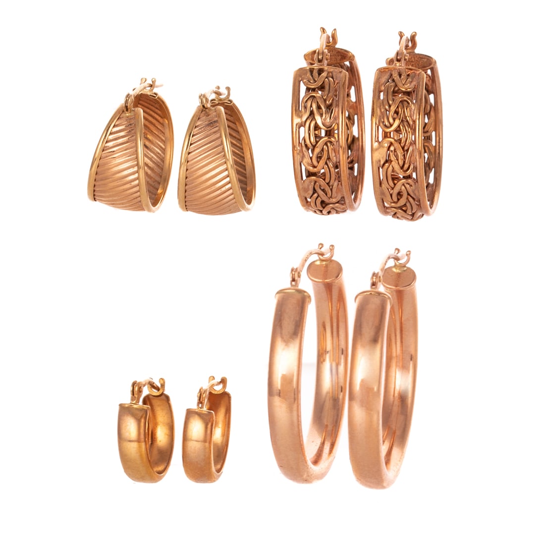 A Collection of Rose Gold Hoops in 14K: Four pairs of 14K rose gold hoop earrings in varying sizes and designs, sizes range from 1/2 in. L to 1 in. L, hinge closures, 8.2 grams tw Provenance: From the Estate of Nancy Muir, Baltimore, MD
