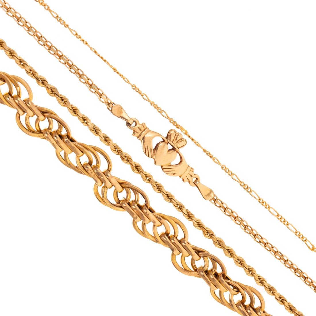 Four Chain Link Bracelets in 14K: 1) 14K yellow gold triple link bracelet with large spring ring clasp, 7.5 in. L, 2) 14K yellow gold rope chain bracelet with barrel clasp and safety latch, 7.75 in. L, 3) 14K yellow gold Claddagh brac