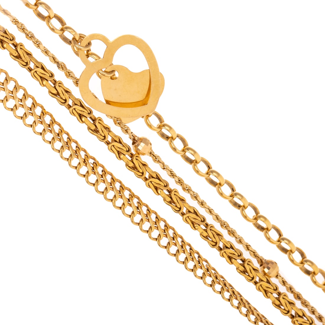 Four Classic Link Bracelets in 14K: 1) 14K yellow gold Byzantine link bracelet made in Italy, lobster clasp, 7.25 in. L, 2) 14K yellow gold double row woven bracelet with lobster clasp, 7.5 in. L, 3) 14K yellow gold open link bracelet w