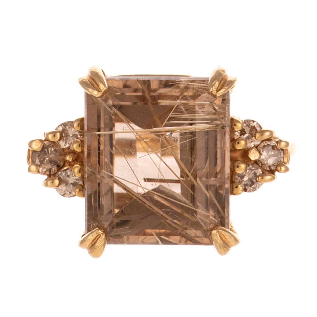 A Rutilated Quartz & Diamond Ring in 14K: 14K yellow gold ring featuring an emerald cut rutilated quartz measuring 12 x 13.4 mm with trio of champagne diamonds weighing approx. 0.30 ctw, set on either side of center stone, sz 9.5, 7.1 grams P