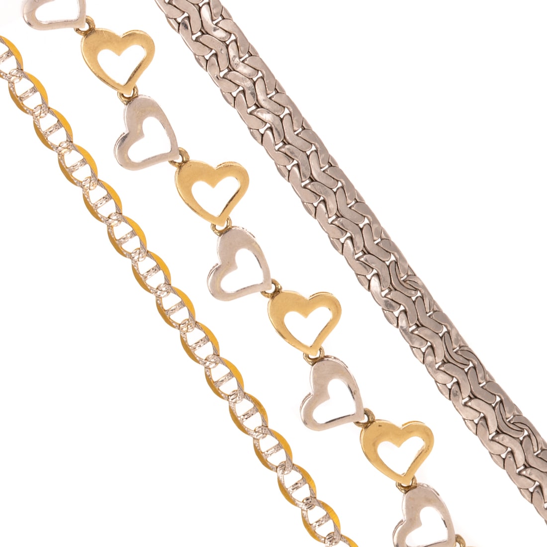 Three Link Bracelets in 10K & 14K: 1) 14K white gold flat woven bracelet with large spring ring clasp, 7.25 in. L, 2) 10K yellow and white gold open heart bracelet with lobster clasp, 7.25 in. L, and 3) 10K yellow gold anchor link brac