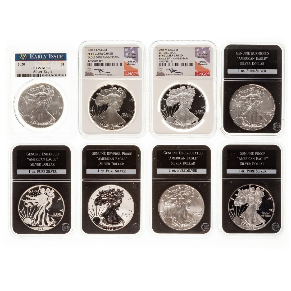 Eight Silver Eagles, Five Different Types, Three Graded (1 of 4)