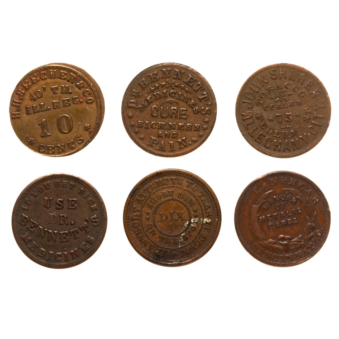 HH Beecher Sutler Token & Five Other Tokens (1 of 6)