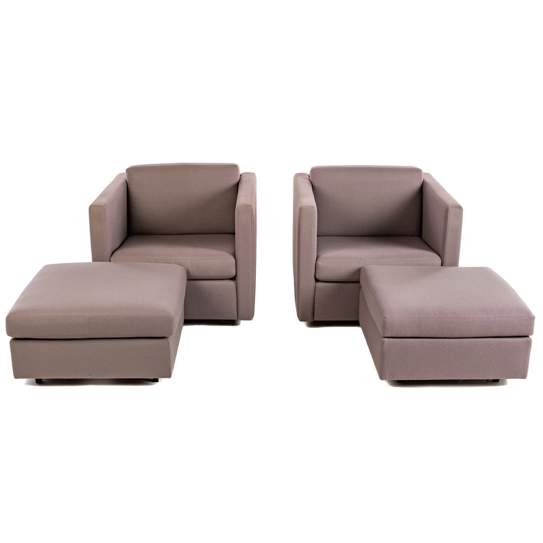 A Pair of Knoll Upholstered Chairs & Ottomans: All with fully wool upholstered frames, armchairs: 27 in. H, 29 1/2 in. W, 29 in. D, ottomans: 14 in. H, 24 in. Sq. Provenance: From a Private Estate, Washington, DC