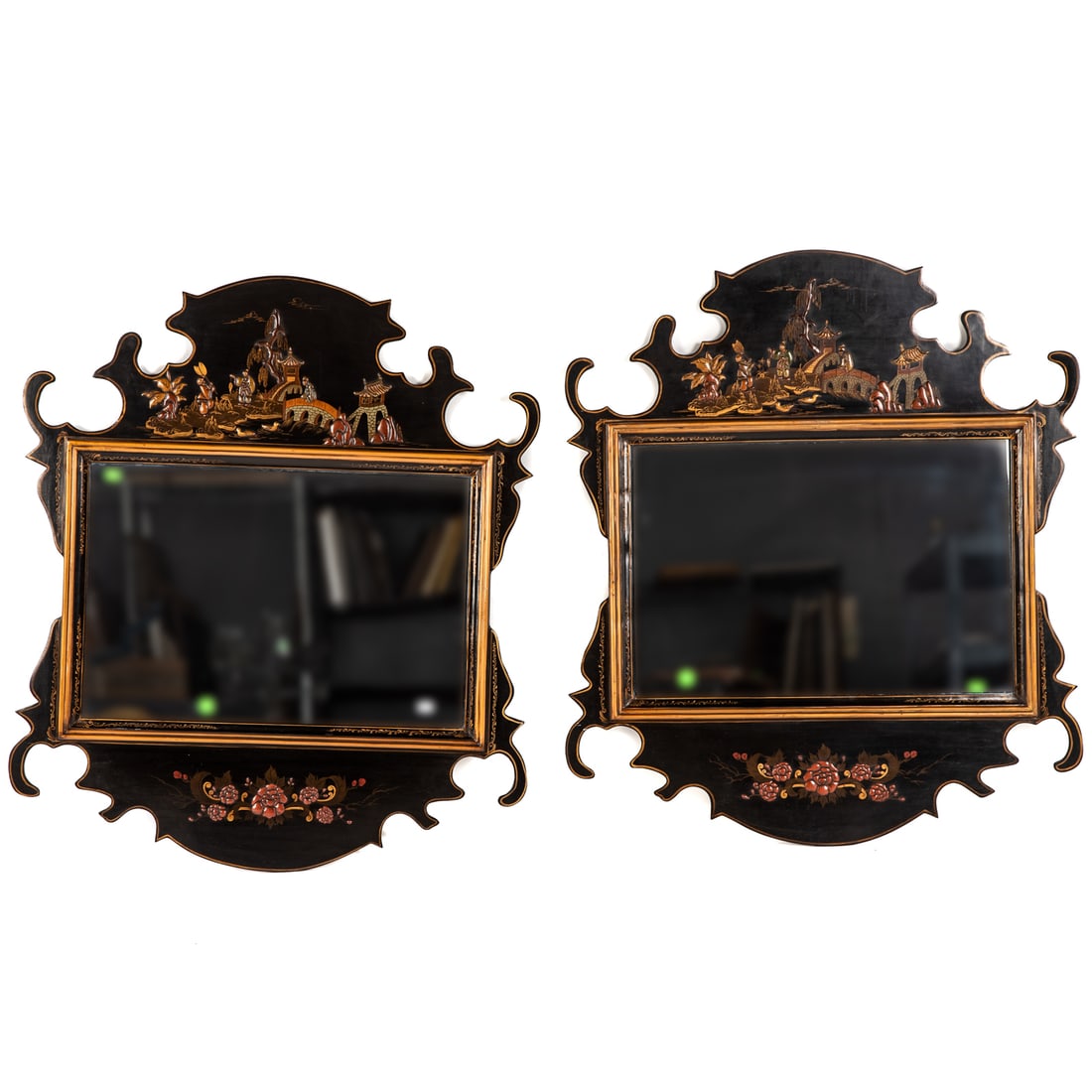 A Pair of Chinoiserie Decorated Mirrors: Shaped and painted frames with Chinoiserie decoration throughout, each: 42 in. H, 36 1/2 in. W, 1 in. D