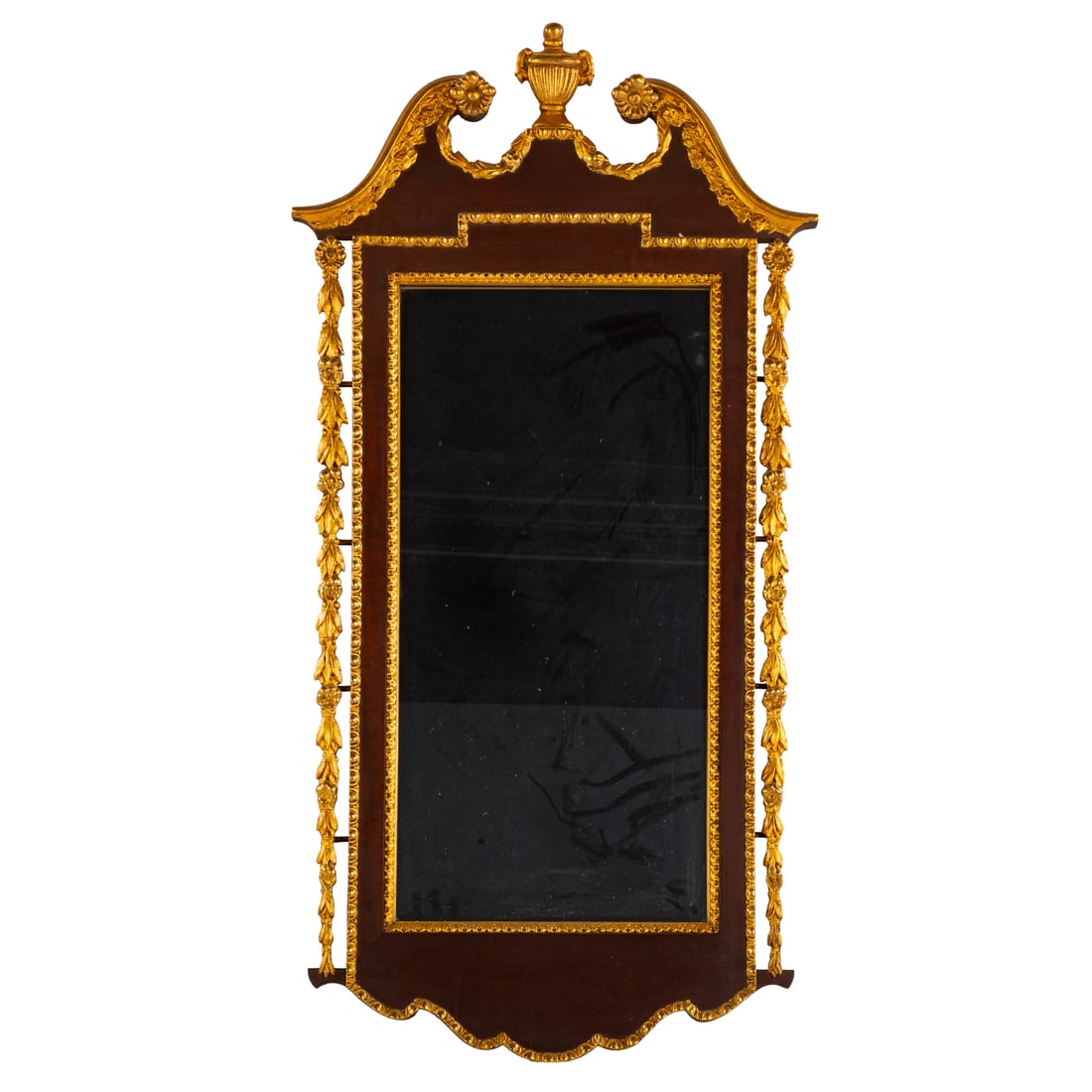 George III Style Mahogany Giltwood Mirror: Broken pediment and urn carved top with carved and gilt garlands over shaped bottom, 44 1/2 in. H, 22 1/2 in. W