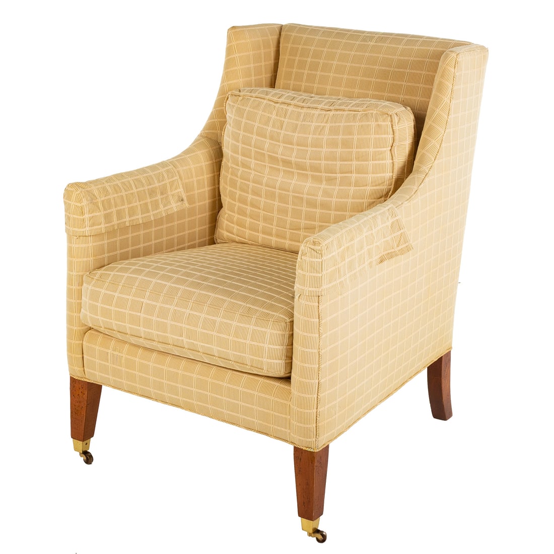 Milling Road Mahogany Upholstered Armchair: Fully upholstered frame ending in square tapered legs with casters, 39 1/2 in. H, 29 in. W, 31 in. D Provenance: From a private estate, Jupiter Beach, Florida