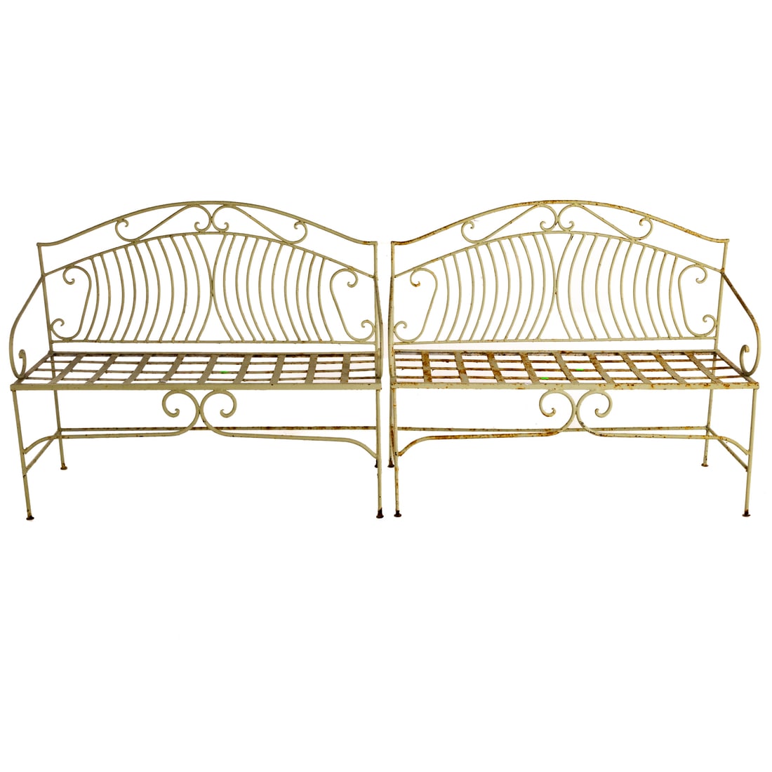 A Pair of Victorian Style Metal Garden Settees: Painted metal frames, each: 39 1/2 in. H, 47 1/2 in. W, 18 1/4 in. D Provenance: From a private estate, Jupiter Beach, Florida