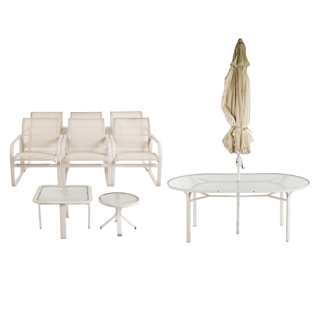 Nine Pieces of Outdoor Patio Furniture: In the manner of Richard Schultz. Comprising six white enameled and aluminum upholstered armchairs: 32 in. H, 24 1/2 in. W, 26 in. D, matching glass top dining table with umbrella: 27 1/4 in. H, 71 1/