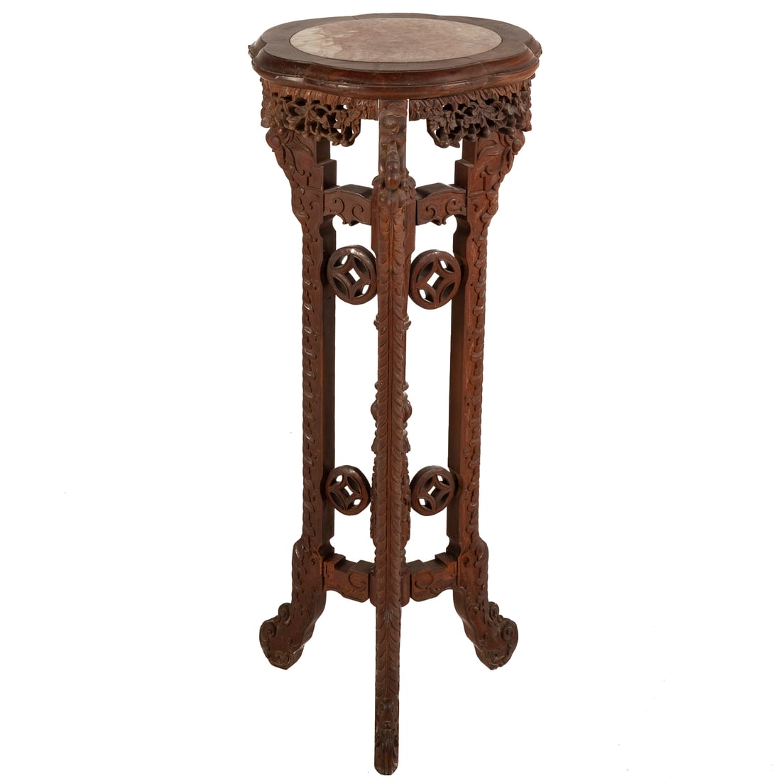 Chinese Carved Harwood Marble Top Tabouret: Carved lobed top with round marble insert, stylized carved base ending in scroll form legs, 36 in. H, 14 in. Diam.