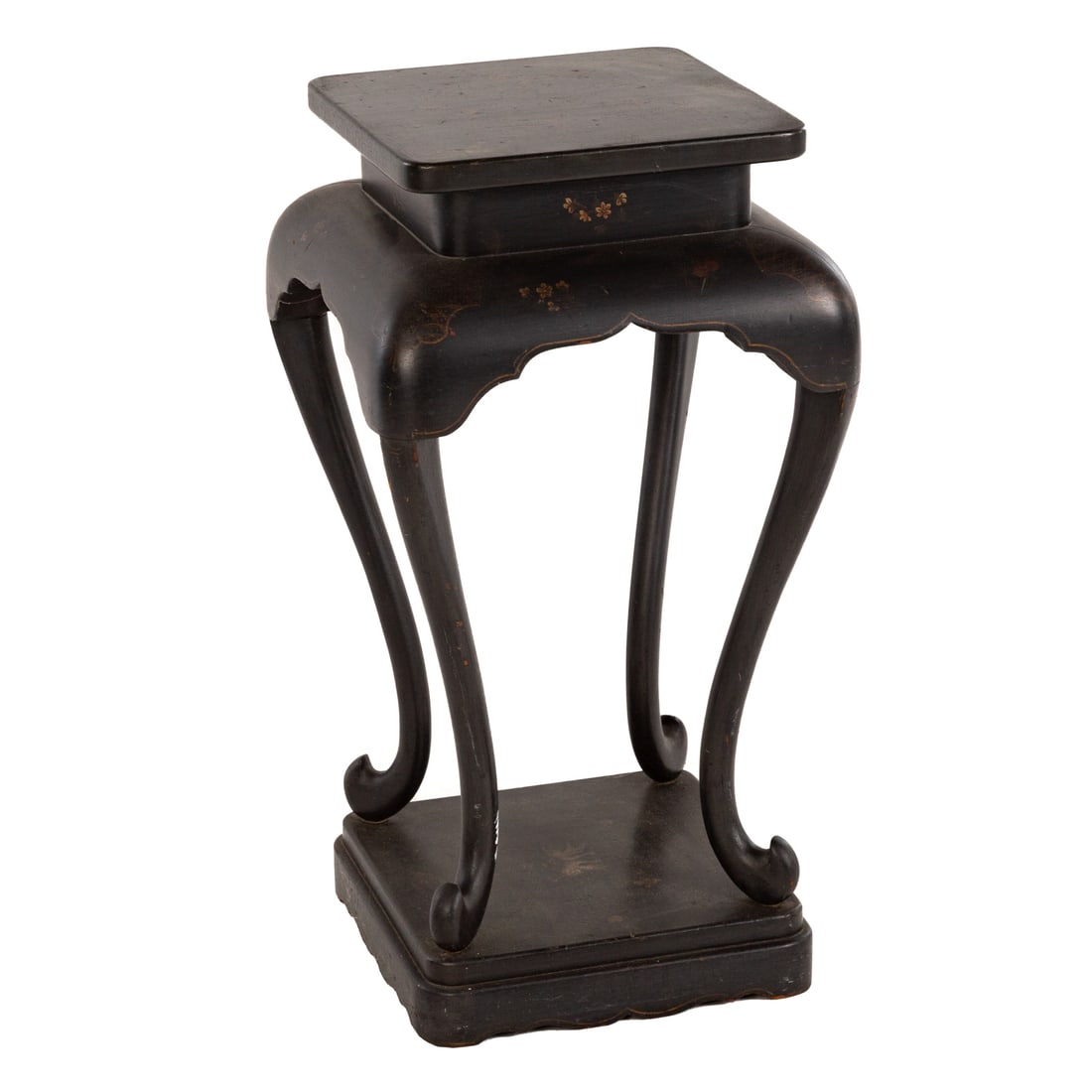Japonisme Lacquered Plant Stand: Projecting square top over bulging apron extending into stylized cabriole legs attached to a square base, floral and butterfly decoration throughout, 30 1/2 in. H, 15 1/2 in. Sq.