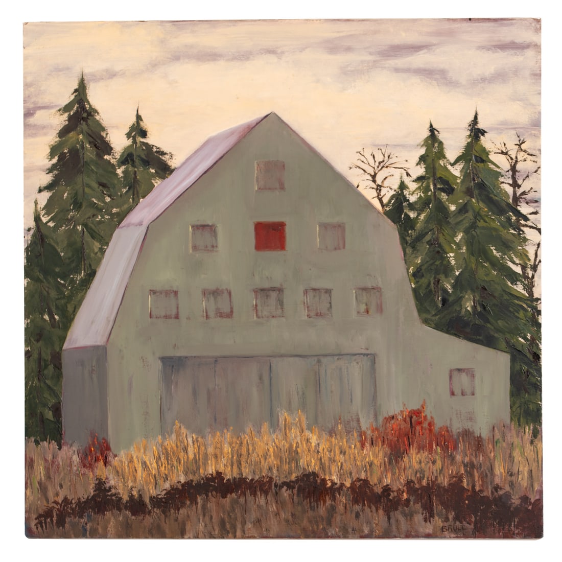 Stan Brull. "Grey Barn, Dover Road," oil: (American, 20th century) Oil on canvas, signed "Brull" lr, 30 x 30 in., unframed Provenance: From the collection of the artist, Stan Brull, Pikesville, MD