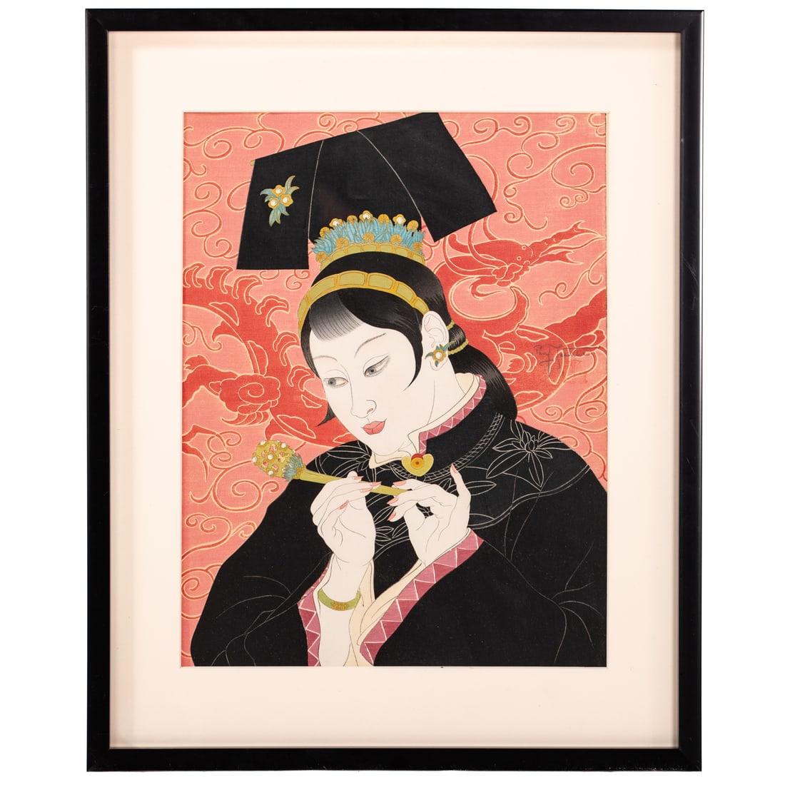 Paul Jacoulet. "Les Jades Chinoise," woodblock: (French, 1896-1960) Color woodblock print, signed "Paul Jacoulet" cr, sight size: 15 x 11 1/2 in., framed size: 20 3/4 x 16 3/4 in. Provenance: From a private Maryland collection