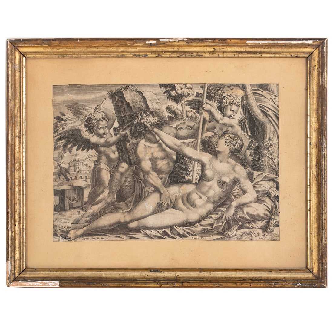 René Boyvin. "Nymph and Satyr," copper engraving: (French, c.1525-c.1580/98) Copper engraving, plate marks visible ll and lr, certificate of authentication affixed on verso, sheet size: 7 1/2 x 10 3/4 in. Provenance: Acquired Leighton Fine Art, Bucki