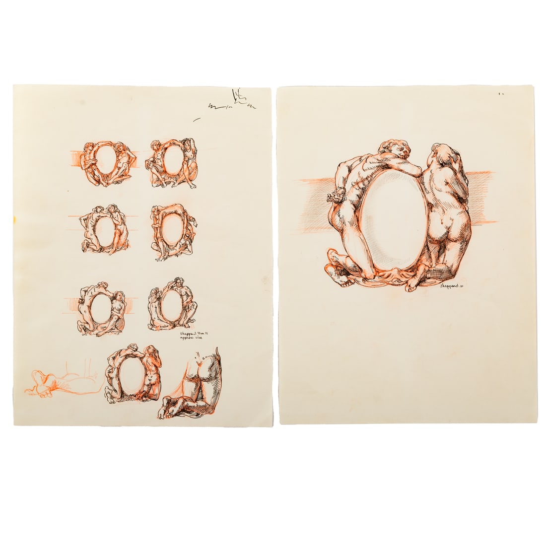 Joseph Sheppard. Two Figures Studies, ink (1 of 4)