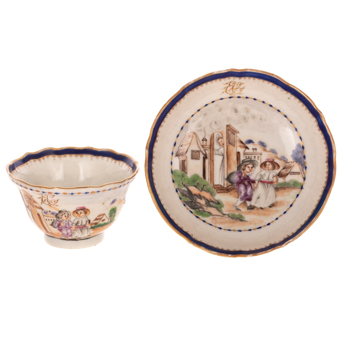 A Chinese Export European Subject Cup & Saucer: (Qianlong Era, circa 1770-85) A Chinese Export porcelain cup and saucer depicting mother sending her children off to school, with houses in landscape in polychrome enamels on scalloped edge tea bowl a