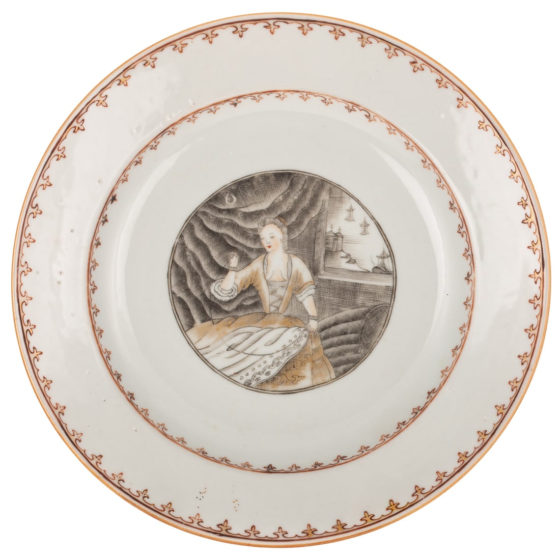 A Chinese Export Seamstress Plate: (Qianlong Era, circa 1750) A Chinese Export porcelain plate with en grisaille decorated plate with seamstress working on drapery, Turkish style ships as seen through window, gilt spearhead border and 
