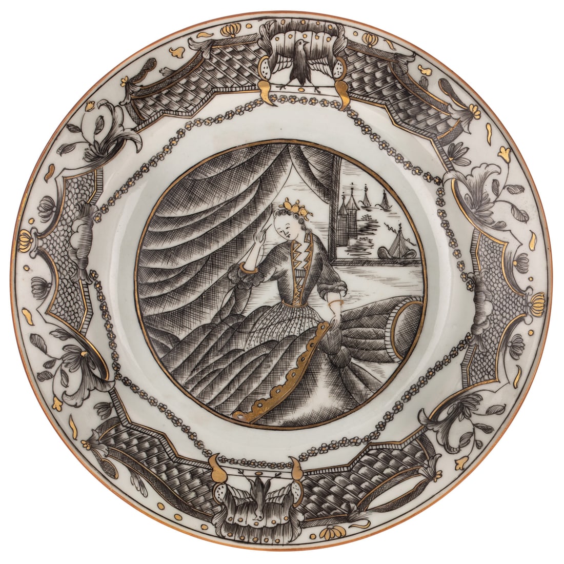 A Chinese Export European Subject Seamstress Plate: (Qianlong Era, circa 1750) A Chinese Export porcelain plate with en grisaille decorated plate with a seamstress working on drapery, Turkish style ships as seen through window, highly elaborate border,