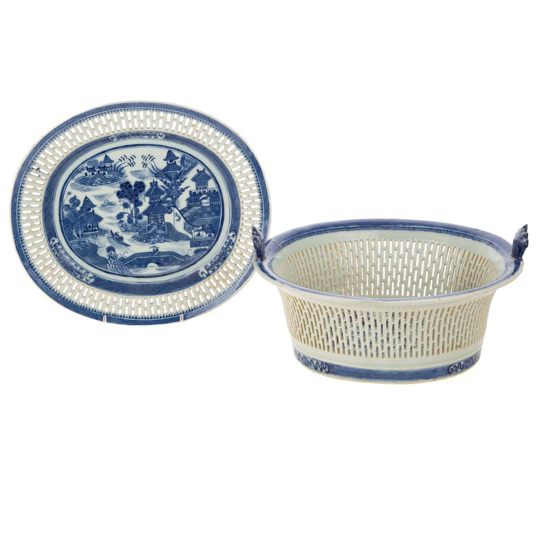 A Chinese Canton Chestnut Basket & Underplate