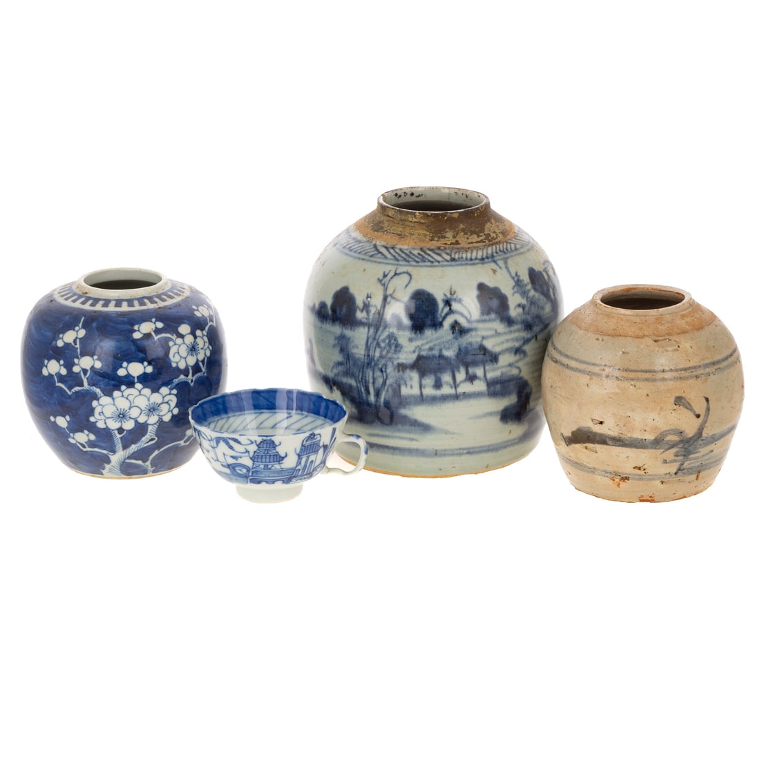 Three Chinese Blue & White Ginger Jars & Cup
