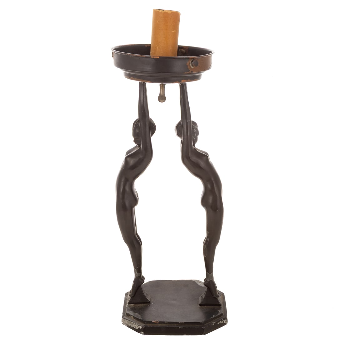 A Frankart Art Deco Figural Lamp: A black painted metal Frankart Art Deco figural lamp of two nude women standing with arms extending to hold up the light, marked on base "PAT.D 77201," and "Frankart '27," 14 in. H, 5 x 5 in.