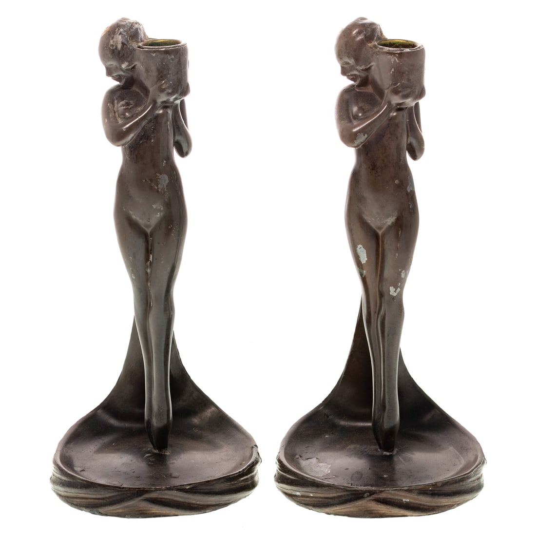 Attributed to Arthur von Frankenberg Art Deco Figural Candlesticks: Two cast metal figural candlesticks possibly by Arthur von Frankenberg however missing original bottom where it would have likely been marked, marked "C 1924"on back, 9 3/4 in. H, 4 1/4 in. W, approx.