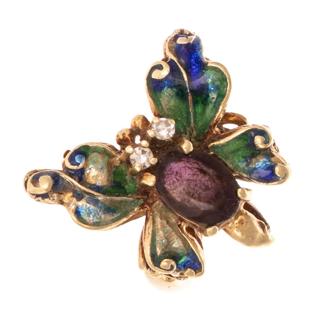 An Enamel & Garnet Butterfly Ring in 14K: 14K yellow gold ring featuring blue and green enamel set into wings with oval garnet set in the body with diamond eyes, sz 5, 6.3 grams Provenance: From a distinguished private collection, assembled a