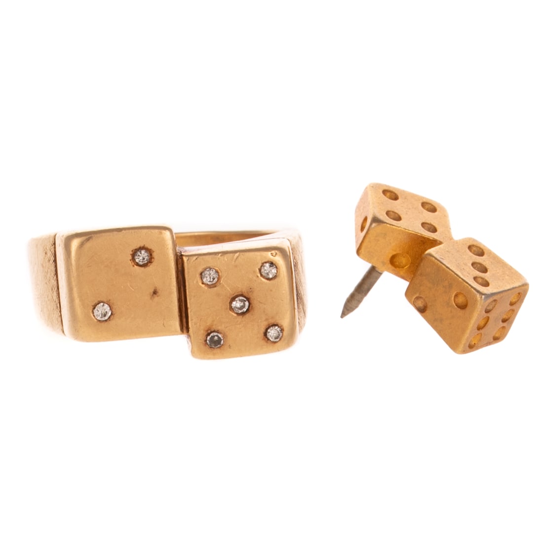 A Pair of Dice Ring & Tie Tack in 14K: 1) 14K yellow gold pair of dice ring by Mirkin featuring flush set diamonds, signed, sz 8.5, and 2) 14K yellow gold pair of dice tie tack, 18.1 grams tw Provenance: From a distinguished private collec