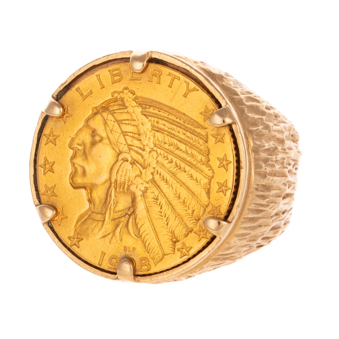 A 1908 $5 Gold Coin in 14K Ring: 14K yellow gold ring featuring a 1908 Indian $5 half eagle gold coin, prong set in wide tapered textured shank, sz 9, 21.6 grams Provenance: From a distinguished private collection, assembled across m