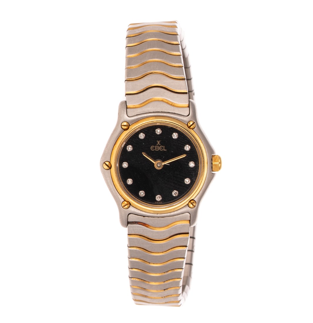 An Ebel Sport Classic in 18K & Stainless Steel: 18K yellow gold and stainless steel watch by Ebel, black dial with diamond markers, two tone link bracelet with deployment clasp, model #1057901, serial #181026733, quartz movement, approx. 6.5 in. L,