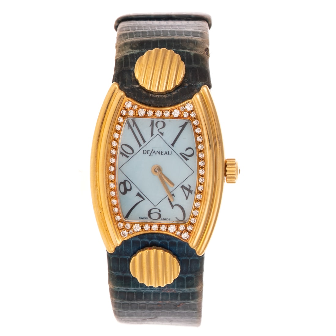 A DeLaneau Diamond Cocktail Watch in 18K: c.1990s, 18K yellow gold DeLaneau "Princess" cocktail watch, light blue Mother of Pearl Tonneau1500 dial with diamond frame, Arabic numerals, Ref #MLFYG, serial #32633, quartz movement, blue lizard st