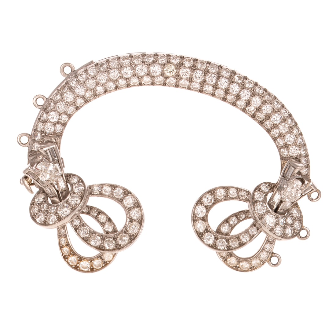 A Diamond Pave Scroll Clasp/Pendant in Platinum: Antique platinum clasp/pendant featuring round, baguette and oval shape diamonds weighing approx. 2.80 ctw with an average color grade of I - J of and an average clarity grade of VS - SI, of C-scroll