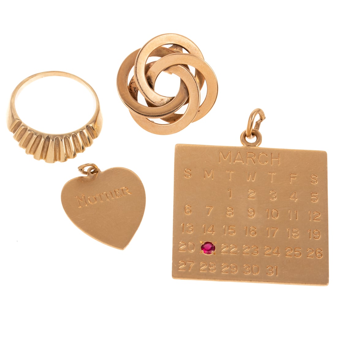 A Collection of Gold Charms, Ring & Earring in 14K: 1) 14K yellow gold March calendar charm with ruby accent, personalized engraving on verso, 1 3/8 in. L, 2) 14K yellow gold heart charm for "Mother," personalized engraving on verso, 3/4 in. L, 3) 14K