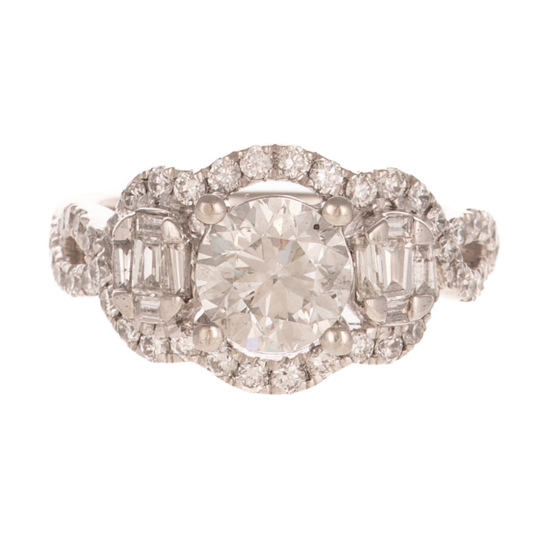 An EGL 2.50 ctw Diamond Ring in Platinum: Platinum ring by Orianne featuring a central prong set round diamond weighing 1.54 cts with a color grade of J and a clarity grade of SI2, accompanied by a copy of EGL Report #US926350708D, flanked by