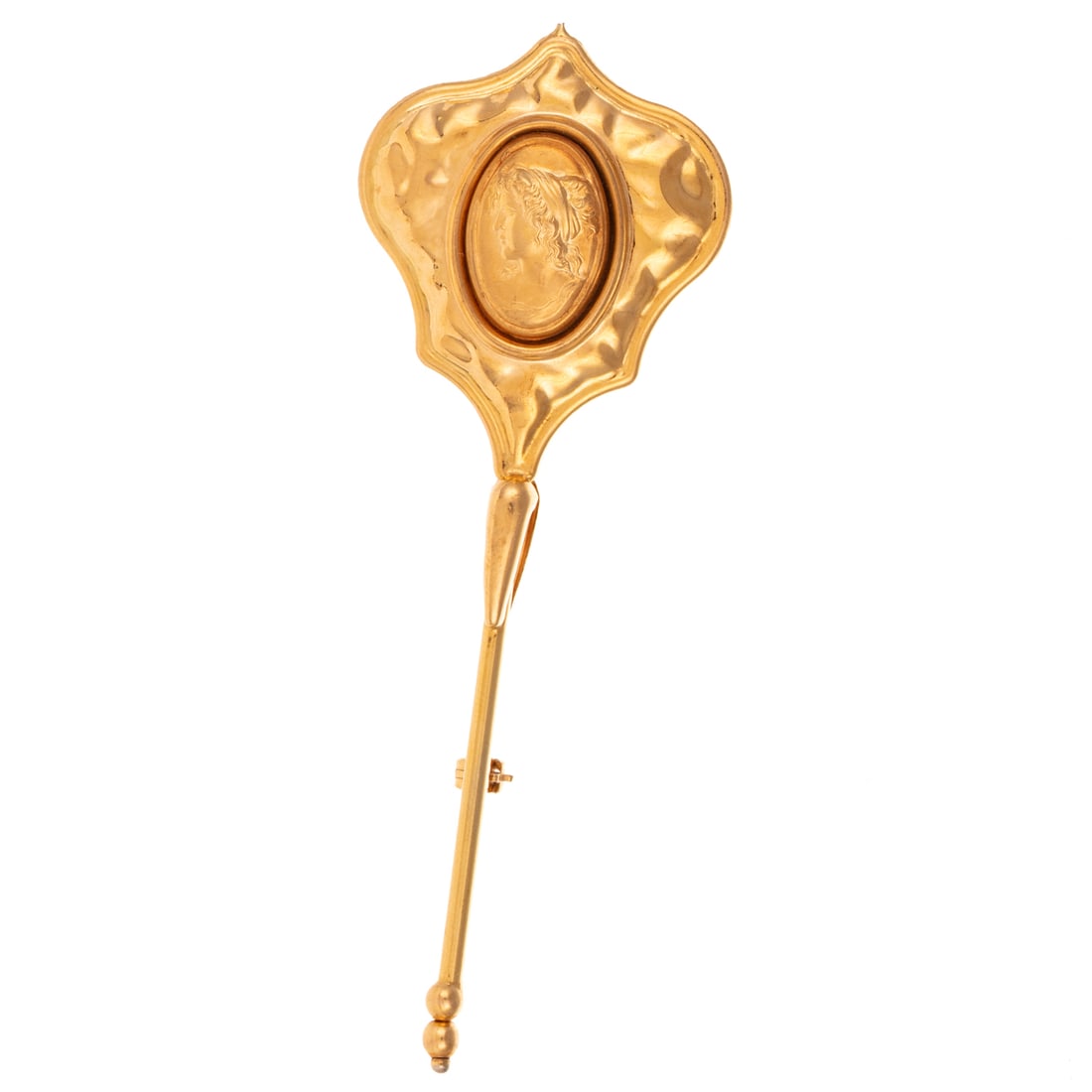 An Italian Art Nouveau Style Brooch in 14K: 14K yellow gold Italian brooch in the Art Nouveau style in the form of a hand hammered high polish hand mirror with a matte finish oval plaque depicting a woman in profile, 3 1/4 in. L, 7.0 grams Prov