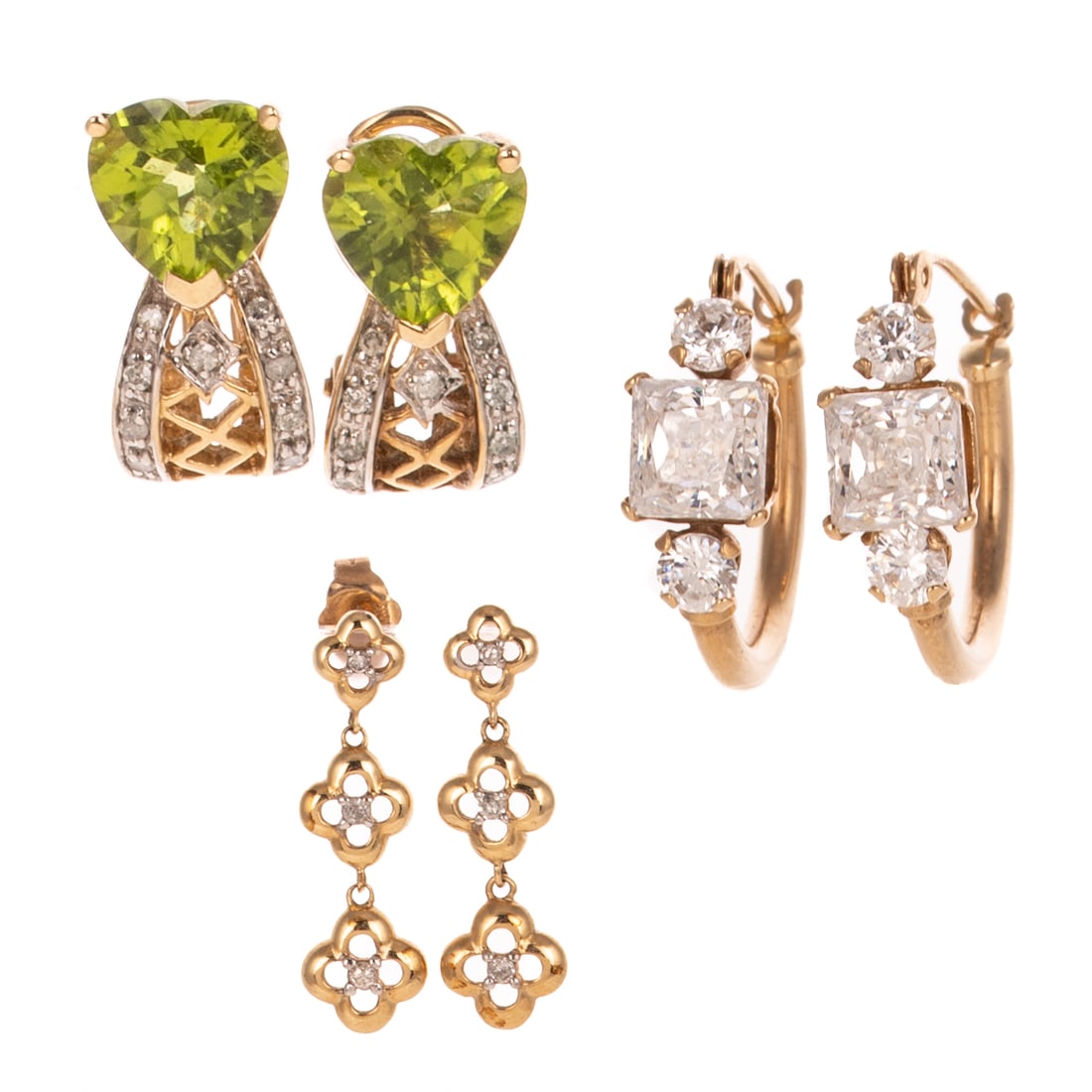 A Trio of Gemstone Earrings in 10K: 1) 10K yellow gold J hoop earrings featuring heart shape checkerboard cut peridot prong set above round diamond accents bead set in a filigree frame, posts with Omega backs, 5/8 in. L, 2) 10K yellow g
