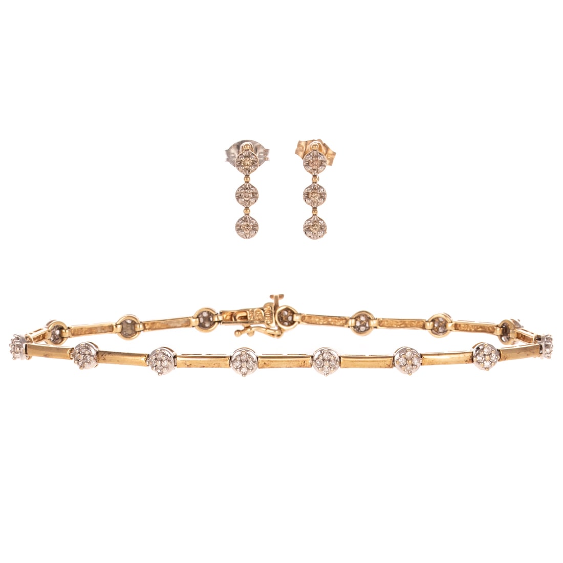 A Diamond Bracelet & Earrings in 14K & 10K: 1) 14K yellow gold bracelet featuring clusters of round diamonds weighing approx. 0.60 ctw bead set in round stations alternating with yellow gold bar links, hidden clasp with safety latch, 7 1/4 in.