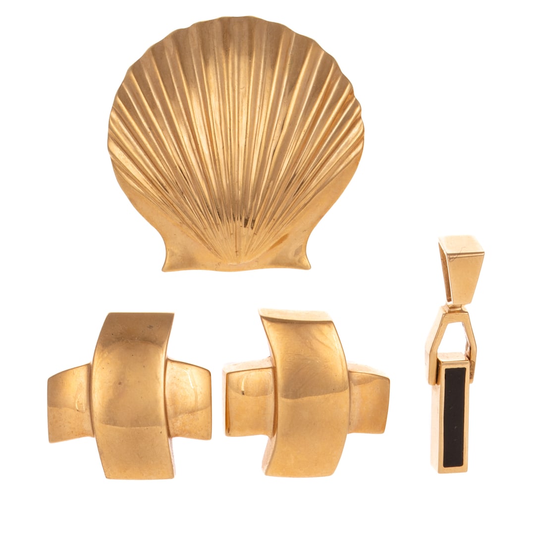 A McTeigue Pendant, "X" Earrings & Pendant in 14K: 1) 14K yellow gold shell pin/pendant by McTeigue & Co., NY, signed, 1 1/8 in. W, 2) 14K yellow gold wide "X" design ear clips, Omega clip backs, 7/8 in. L, and 3) 14K yellow gold contemporary pendant