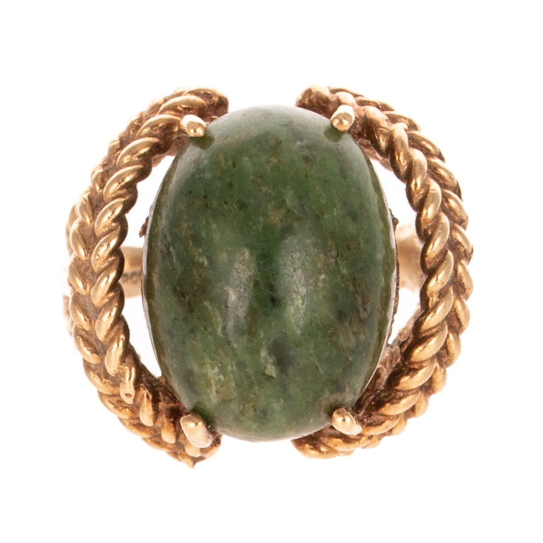 A Green Hardstone Ring in 14K: 14K yellow gold ring featuring an oval cabochon green onyx measuring 12 x 16 mm set in a braided gold frame and split shank, signed Bristol, sz 5, 6.9 grams