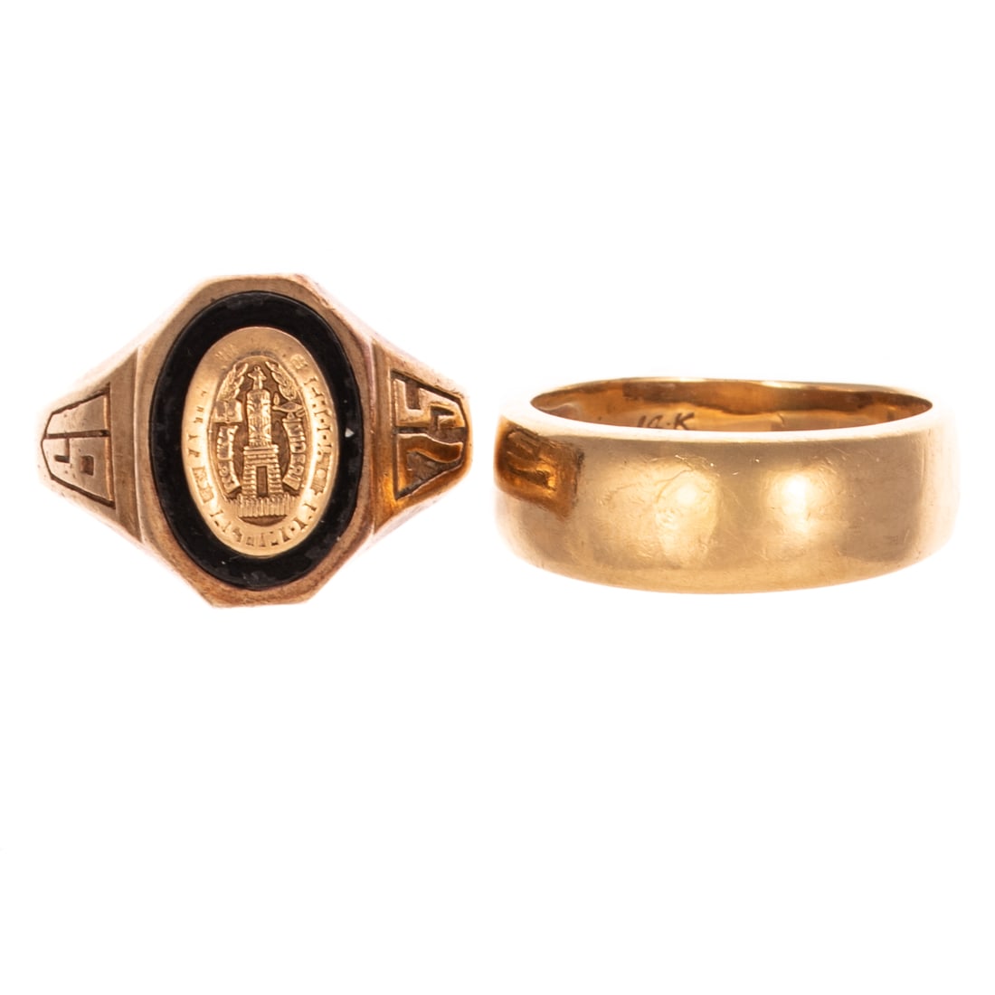 A Gold Band in 14K & Class Ring in 10K: 1) 14K yellow gold high polish band, 7 mm W, sz 8, and 2) 10K yellow gold and onyx Baltimore 1975 class ring, sz 8, 11.2 grams tw
