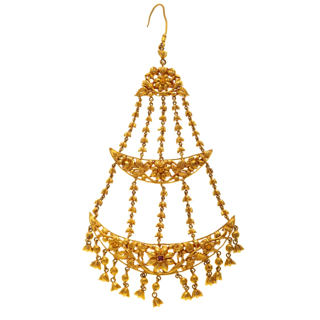 A 22K Antique Hair Ornament (Jhumar): Late 19th/early 20th century 22K yellow gold Northern India hair ornament (Jhumar), featuring foliate filigree panel and two graduated foliate crescents linked by five chains of stylized blossoms,