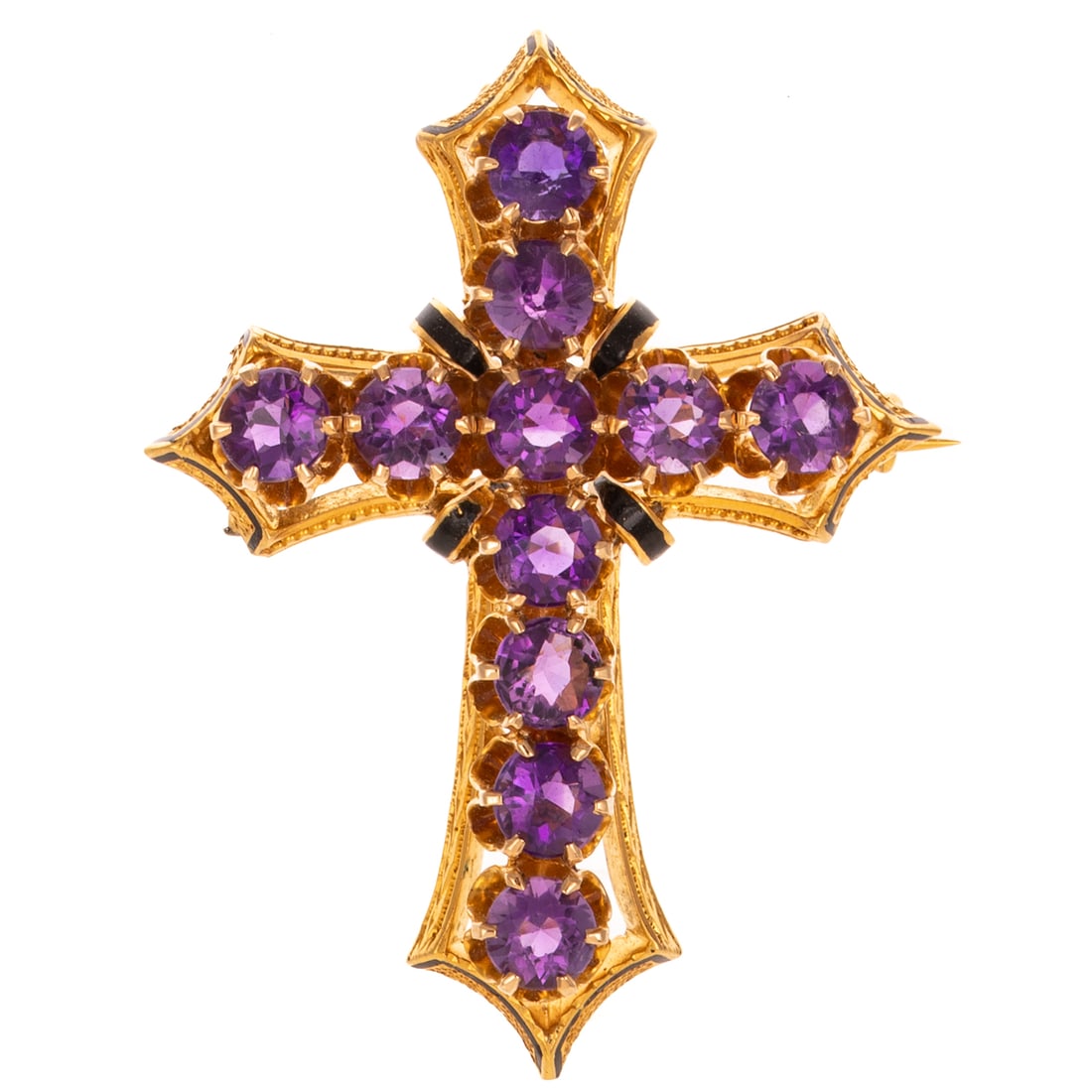 A Victorian Amethyst & Enamel Cross in 14K: c.1880s, 14K yellow gold cross brooch featuring vintage cut round amethyst Belcher set to create cross with black enamel accents in hand engraved frame, pin back with c clasp, 1 3/4 in. L, 9.6 grams P