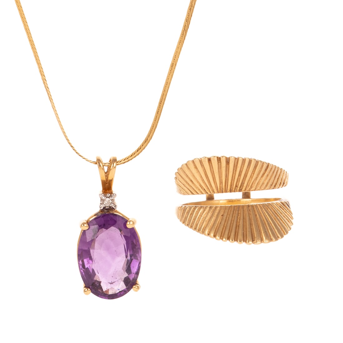 An Amethyst Pendant, Chain & Ring in 14K: 1) 14K yellow gold pendant featuring an oval amethyst measuring 12 x 16 mm with diamond accent, hanging on 14K yellow gold herringbone chain with spring ring clasp, 18 in. L, and 2) 14K yellow gold as