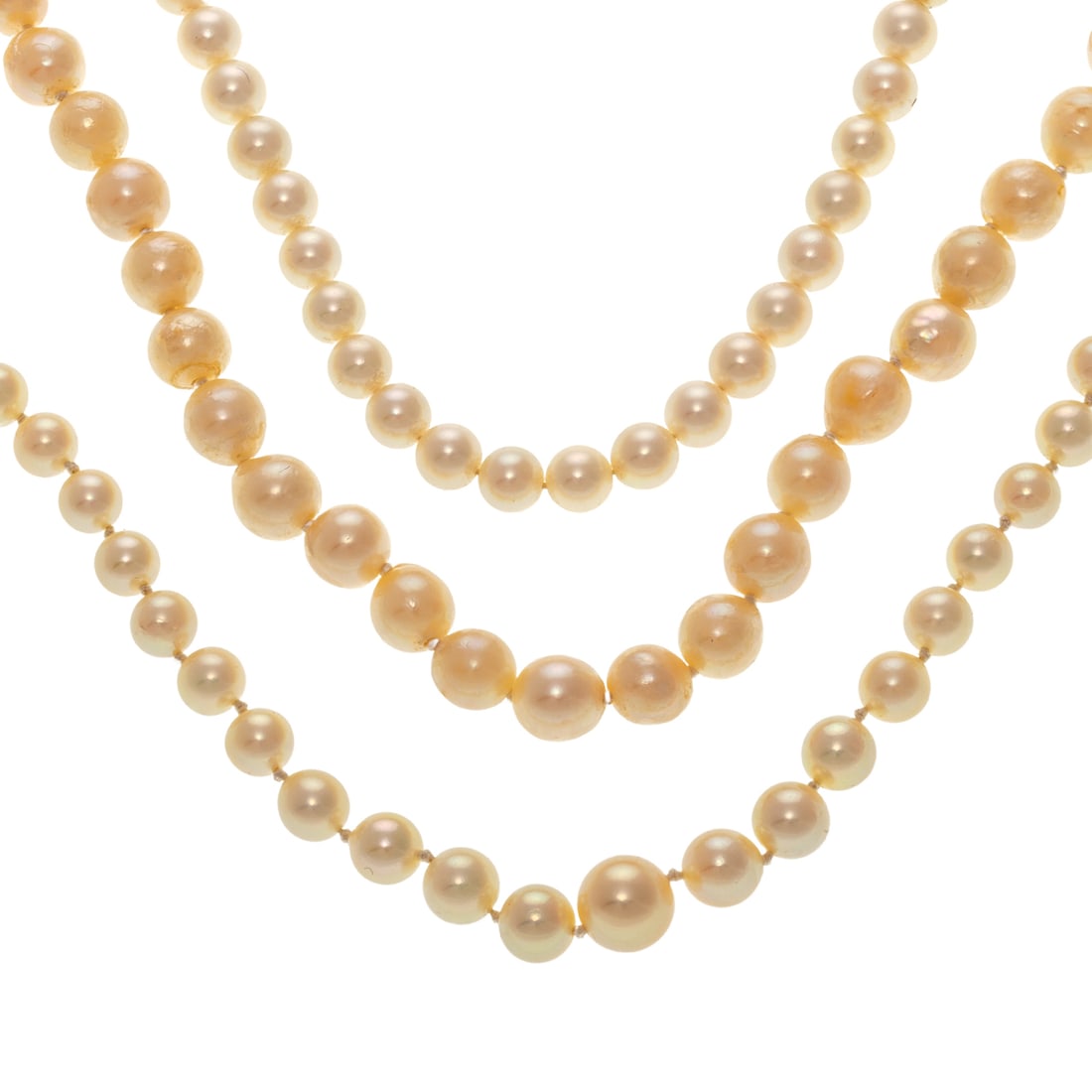 A Trio of Cultured Pearl Necklaces with 14K Clasps: 1) Strand of cultured pearls, slightly baroque, 5.5 - 6mm with 14K white gold fishhook clasp, 16 in. L, 2) Strand of graduated cultured pearls, 7 mm in the center to 3.75 mm at the back, 14K white