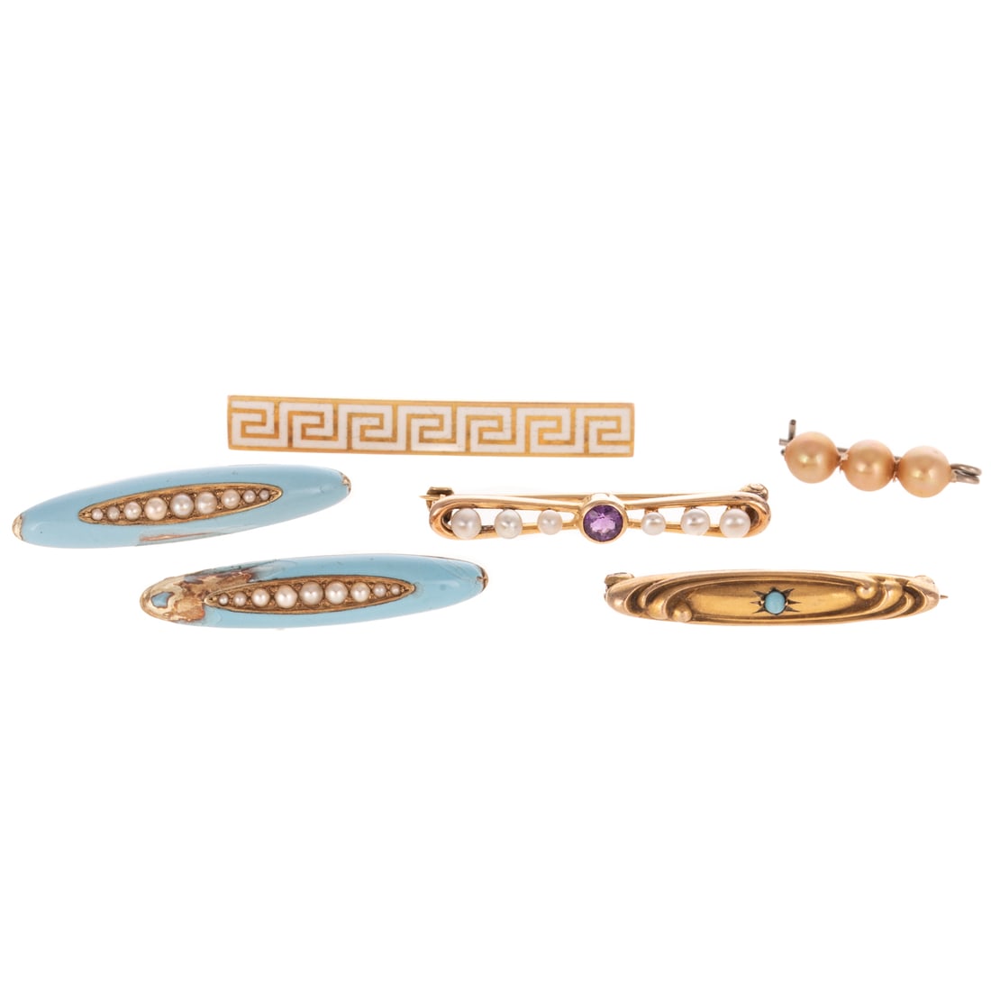A Collection of Antique Pins in 14K & 10K: 1) 14K yellow gold Krementz bar pin with Greek key pattern on white enamel, 1 1/4 in. L, 2) 14K yellow gold lingerie pin by Bippart & Co. with round amethyst and graduated seed pearls, 1 in. L, 3) 14K