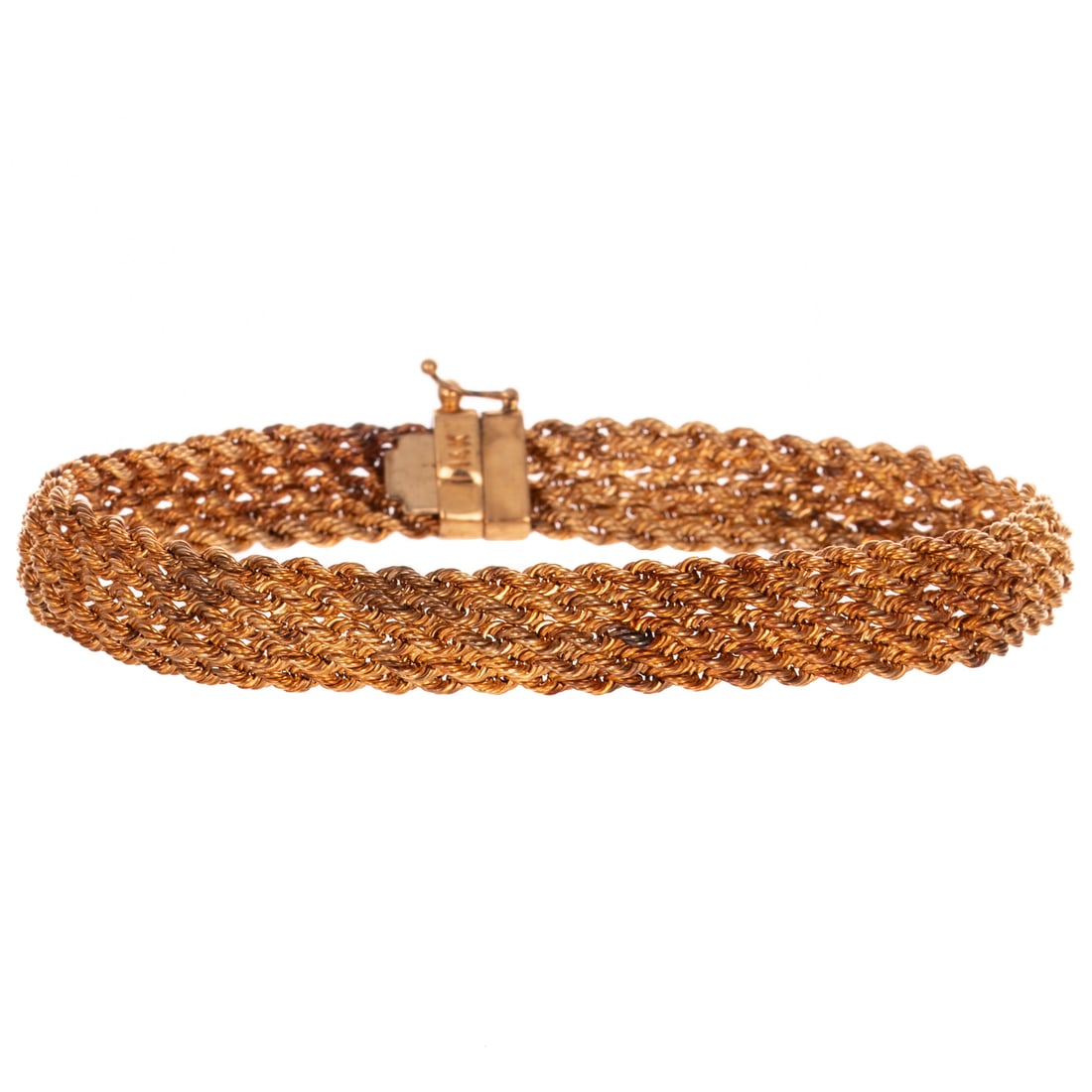 A Woven Rope Style Bracelet in 14K: 14K yellow gold woven bracelet composed of five joined rope chains, hidden clasp with safety latch, 7 5/8 in. L, 9.1 grams Provenance: From the private collection of Jayne Gibbins, North Andover, MA;