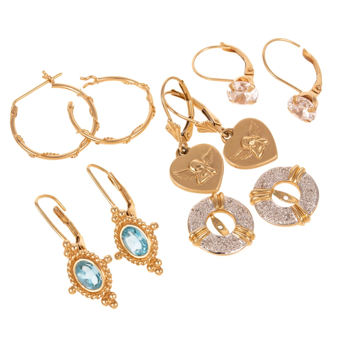 Four Pairs of Earrings & One Pair of Jackets in 14K: 1) 14K yellow gold dangle earrings with oval faceted blue topaz flush mounted, rope border and bead details, lever back, 1 in. L, 2) 14K yellow gold earrings with dangling with high polish angels on m