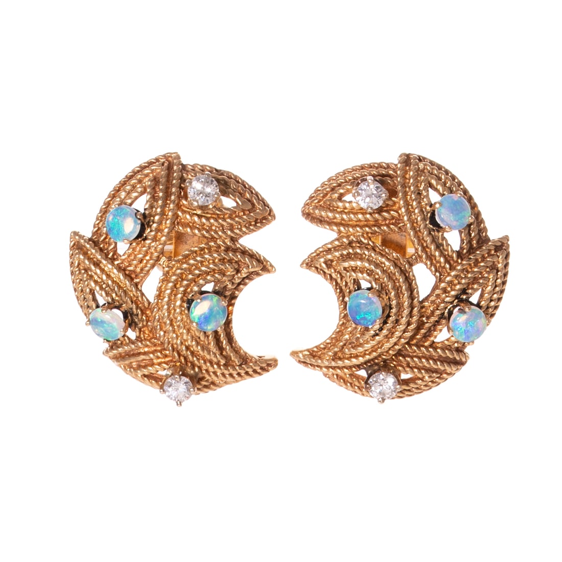 A Pair of Opal & Diamond Earrings in 14K: 14K yellow gold earrings featuring round opal cabochons and round diamonds weighing approx. 0.30 ctw prong set throughout a textured crescent and navette clusters, posts with mismatched friction
