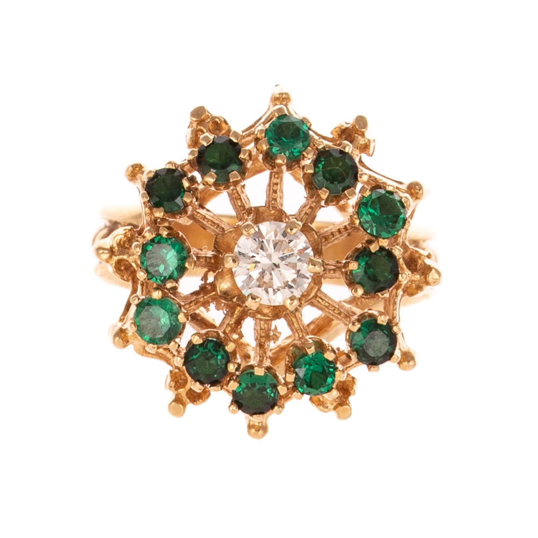 A Diamond & Synthetic Emerald Cluster Ring in 14K: 14K yellow gold ring featuring a round diamond weighing approx. 0.38 ct with an average color grade of G - H and an average clarity grade of VS surrounded by prong set synthetic emeralds, sz 5.75, 5.6